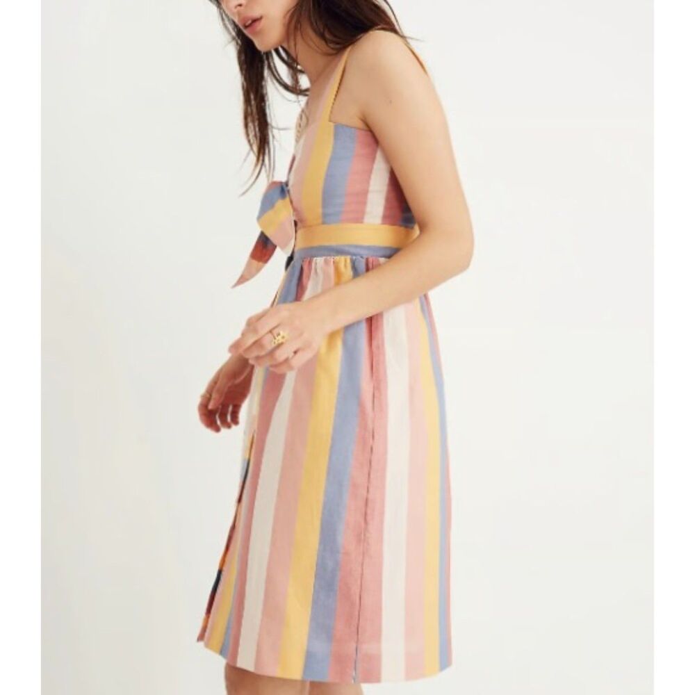 MADEWELL Tied Front Cut Out 100% Cotton Midi Dress in "Sherbet Stripe", Size 00
